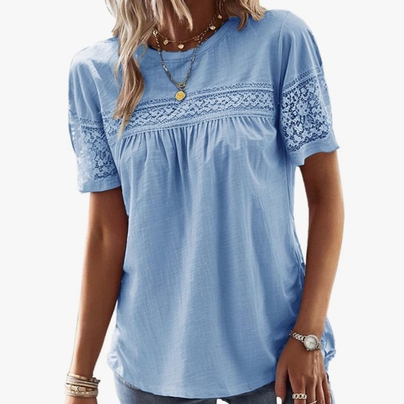 Chic Nation Tops - Chic Nation Blue Embellished Short Sleeve Blouse